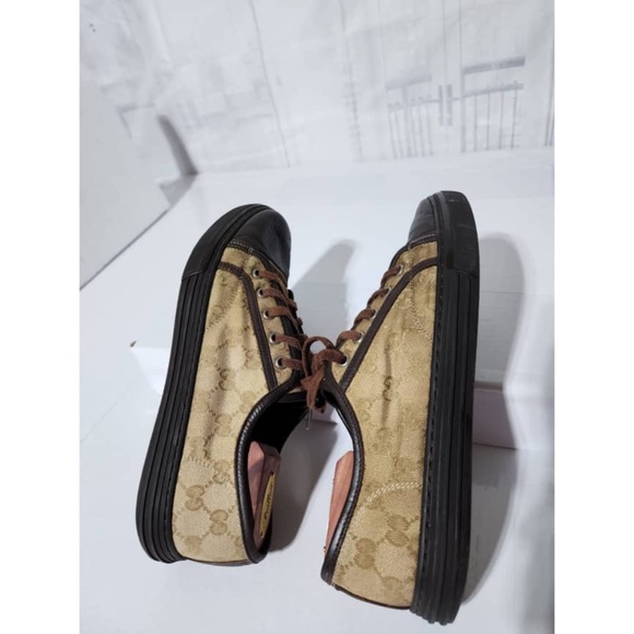 Authentic Gucci Leather And Monogram Canvas Lace Up Sneakers Brown/Beige Size 7. - Picture 8 of 16